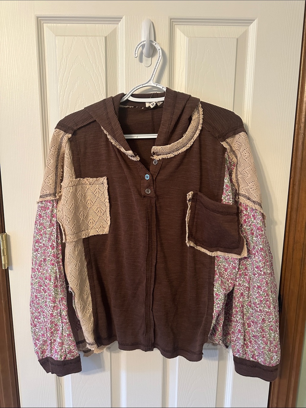 POL Brown Hooded Patchwork Cardigan with Cream and Pink Accents